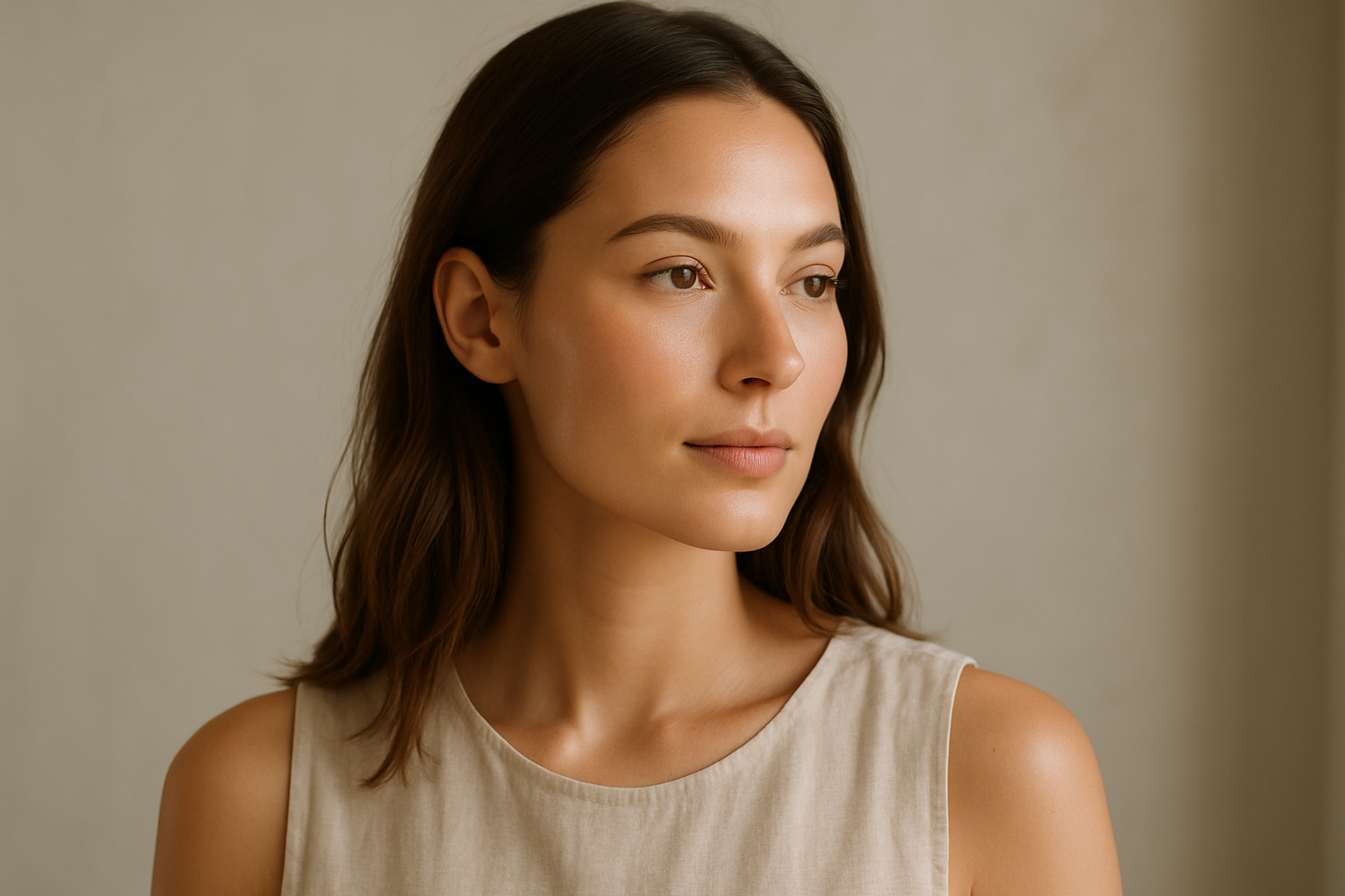 Ritratto editoriale con make-up naturale, pelle luminosa e outfit minimal in stile contemporaneo