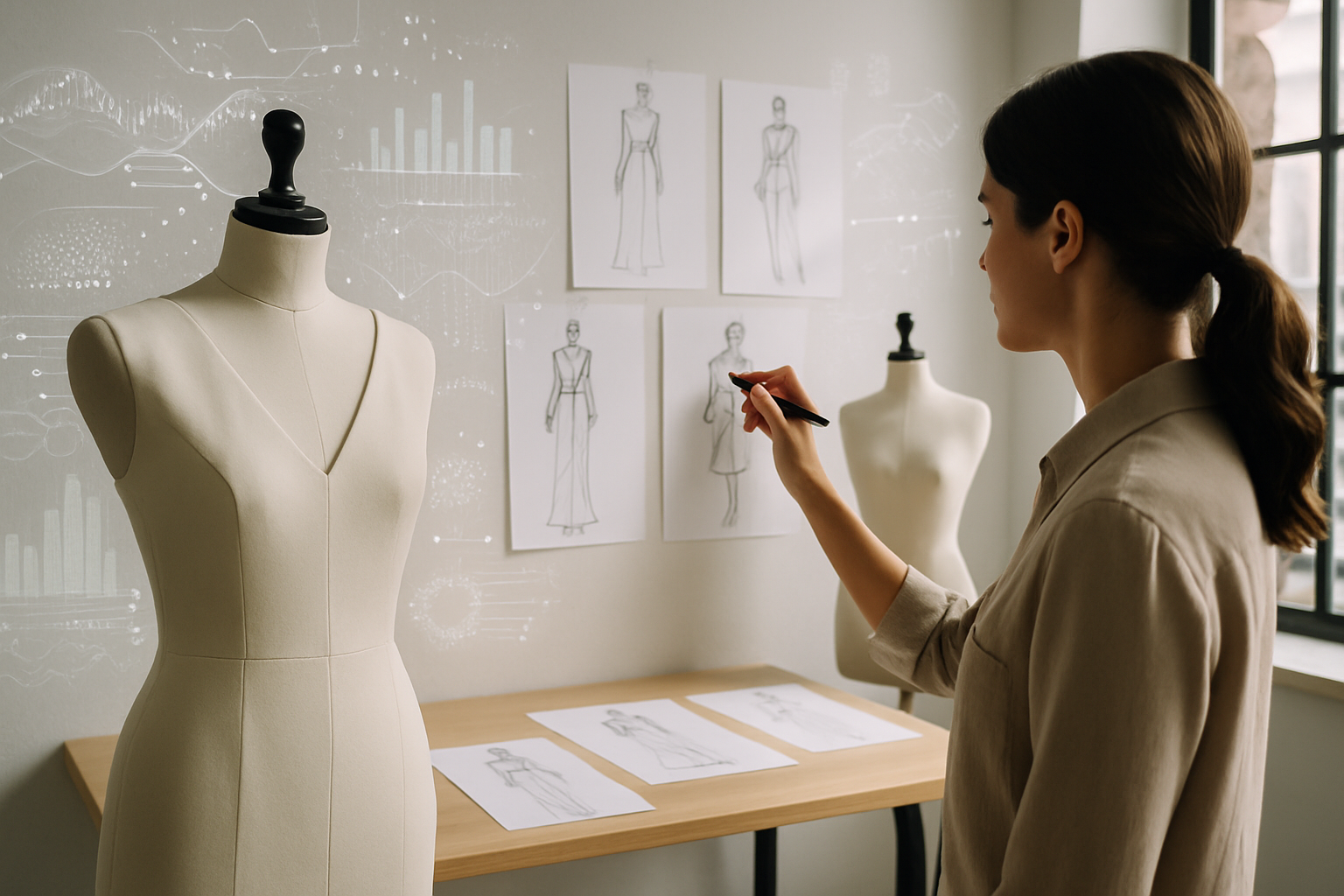 Atelier di moda con bozzetti e manichini, atmosfera minimal che richiama l’uso dell’intelligenza artificiale nei processi creativi e produttivi