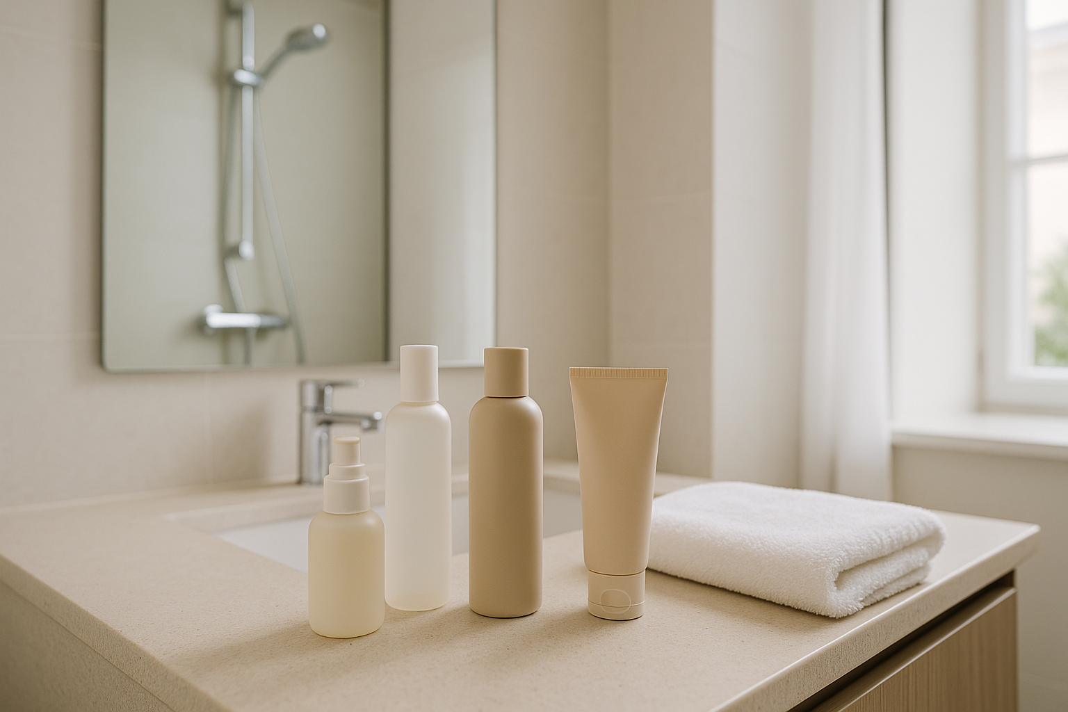 Routine skincare essenziale in un ambiente bagno minimal con pochi prodotti neutri