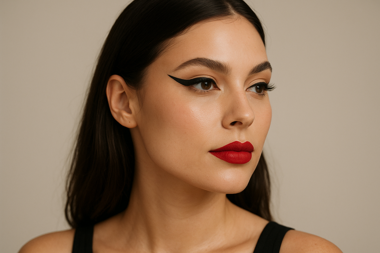 Ritratto con trucco deciso moderno: eyeliner grafico e labbra intense su base leggera