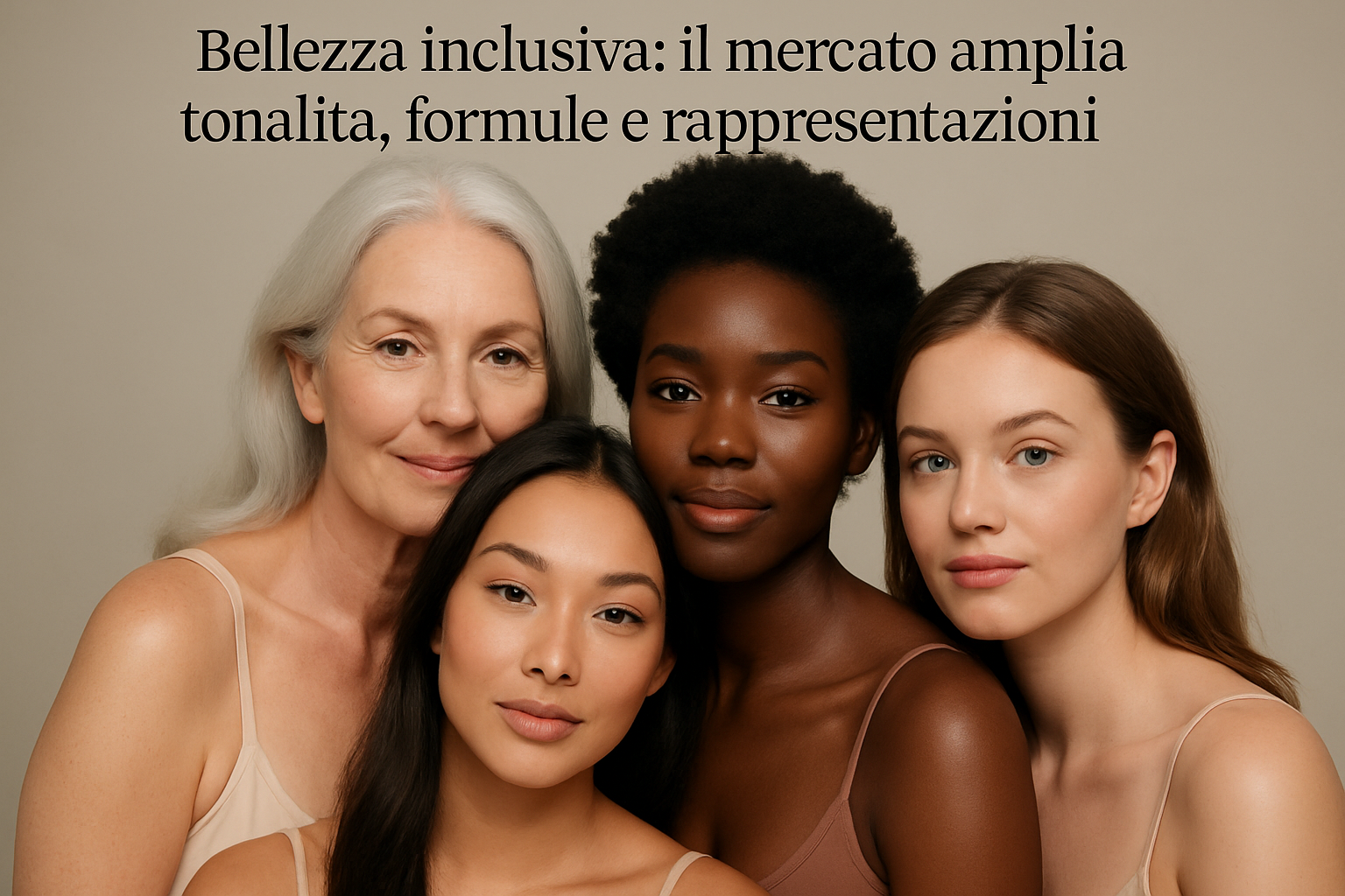 Gruppo di persone con diverse tonalità di pelle ed età in un ritratto editoriale di bellezza inclusiva