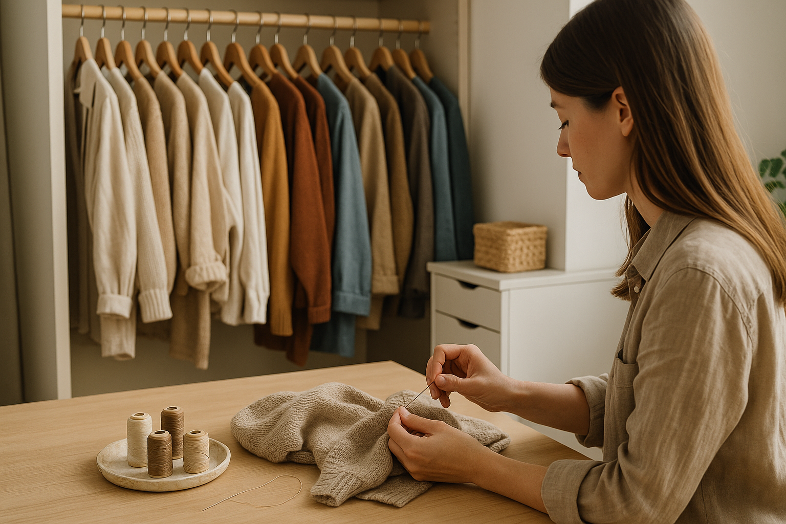 Guardaroba ordinato con capi appesi e strumenti da cucito per riparazioni, simbolo di moda circolare