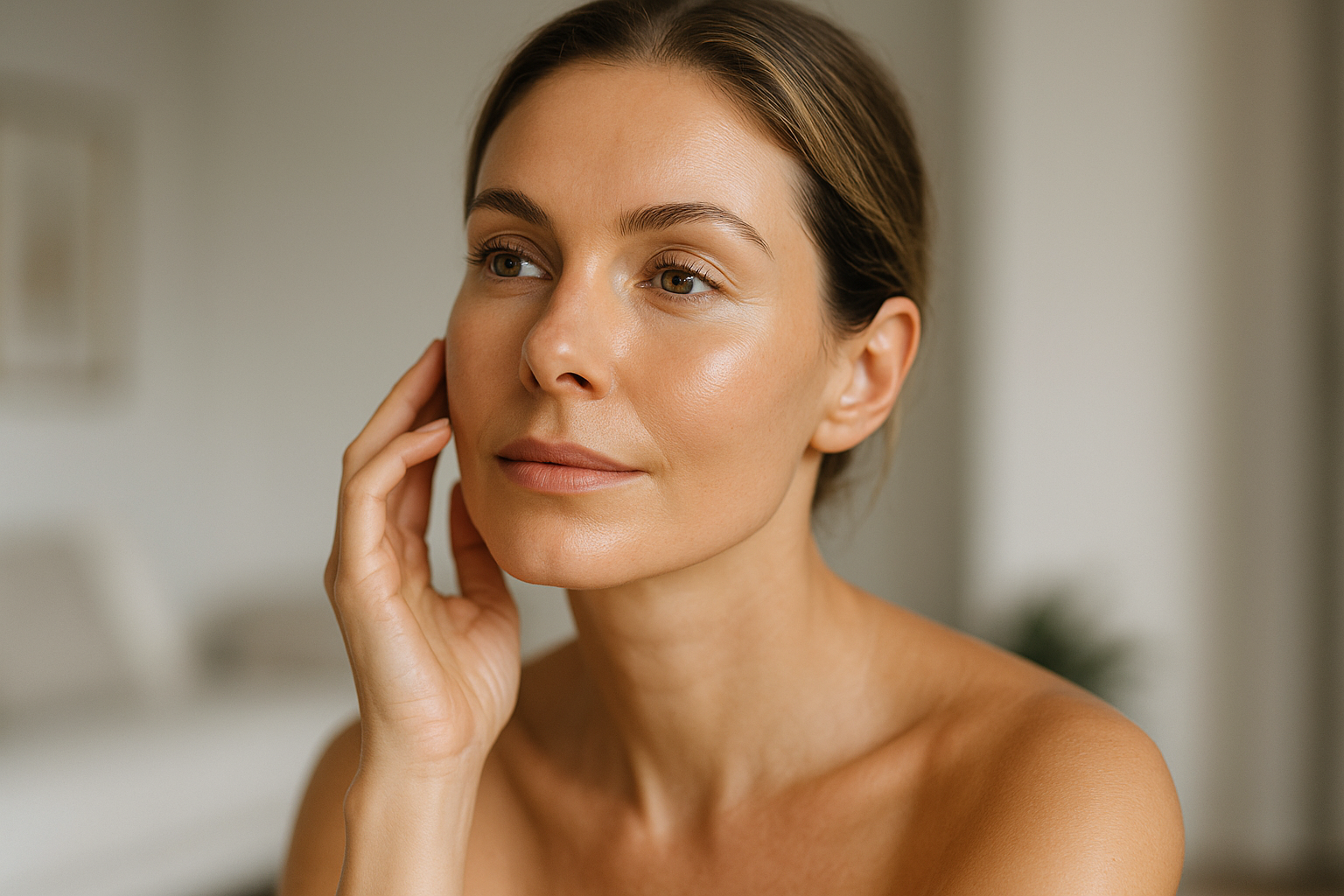 Ritratto di donna con pelle luminosa e naturale, stile beauty minimal