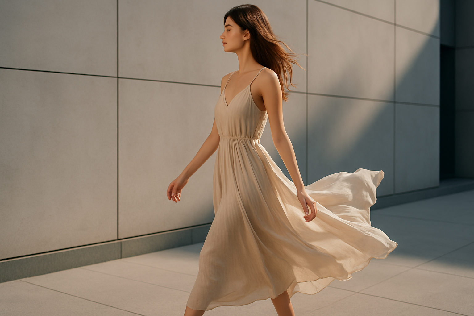 Look contemporaneo con tessuto leggero e silhouette morbida in movimento