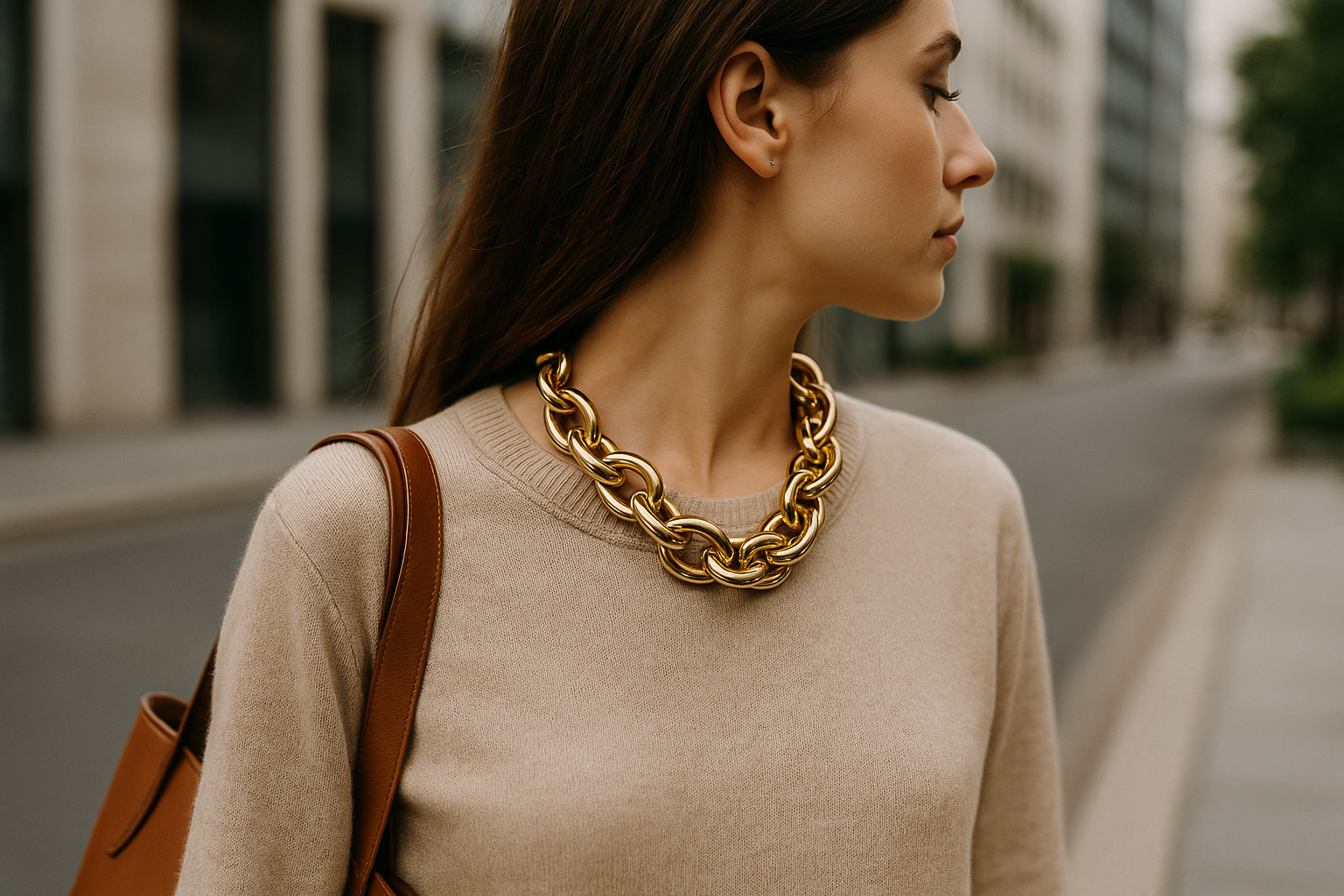 Outfit essenziale valorizzato da un accessorio statement voluminoso