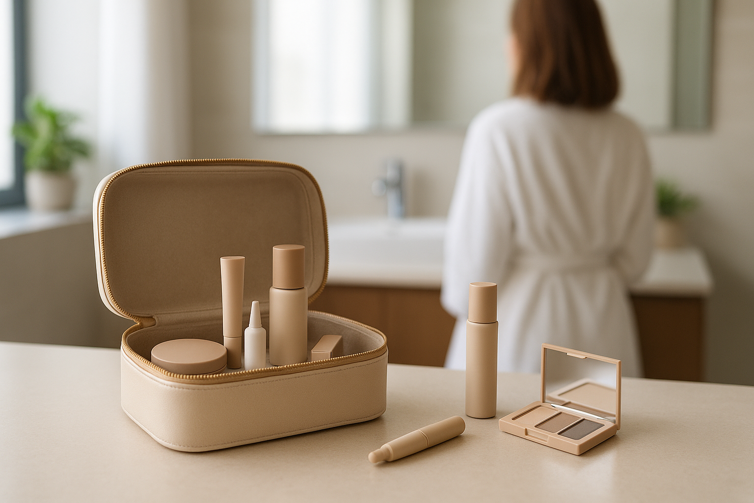 Beauty case minimalista con pochi cosmetici multifunzione compatti su un tavolo luminoso