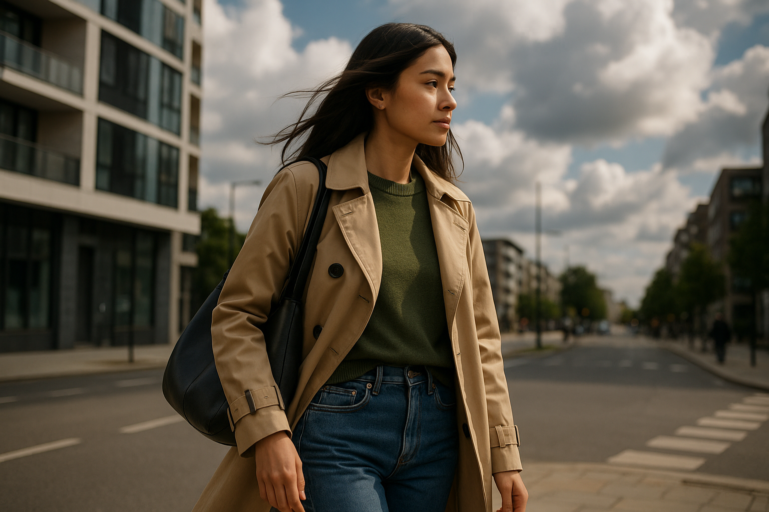 Outfit a strati leggero in contesto urbano con meteo variabile, simbolo di collezioni moda meno stagionali
