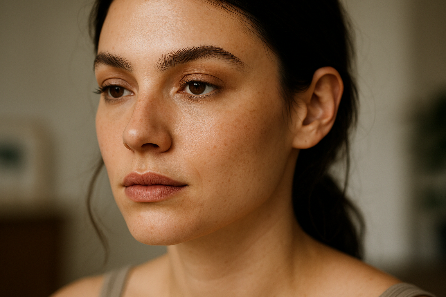 Volto con make-up naturale e leggermente imperfetto, sfumature morbide e texture della pelle visibile
