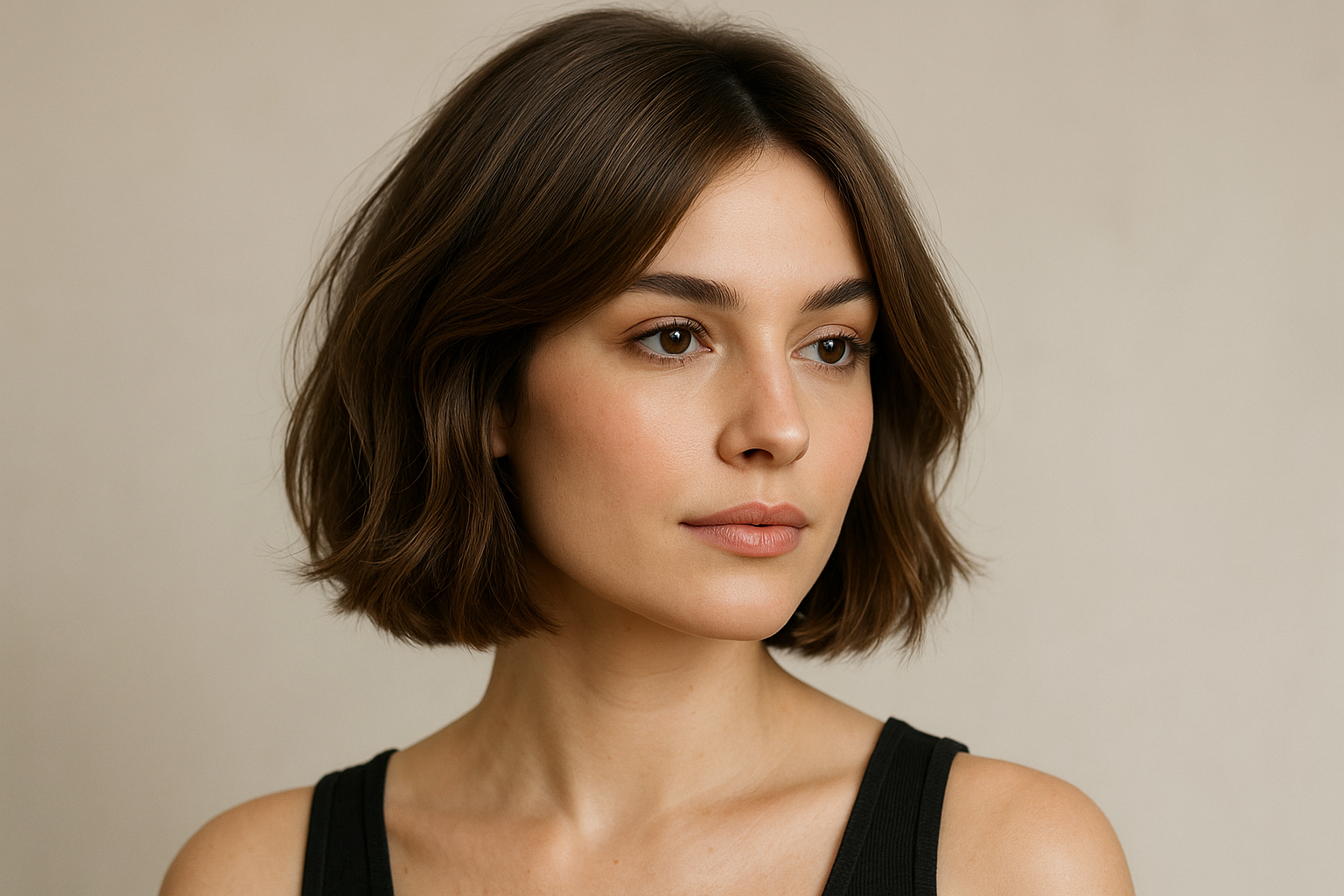 Donna con taglio bob morbido facile da gestire e styling naturale