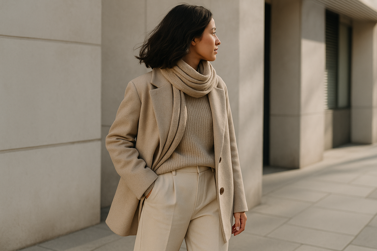Look contemporaneo in colori neutri con stratificazione e texture naturali