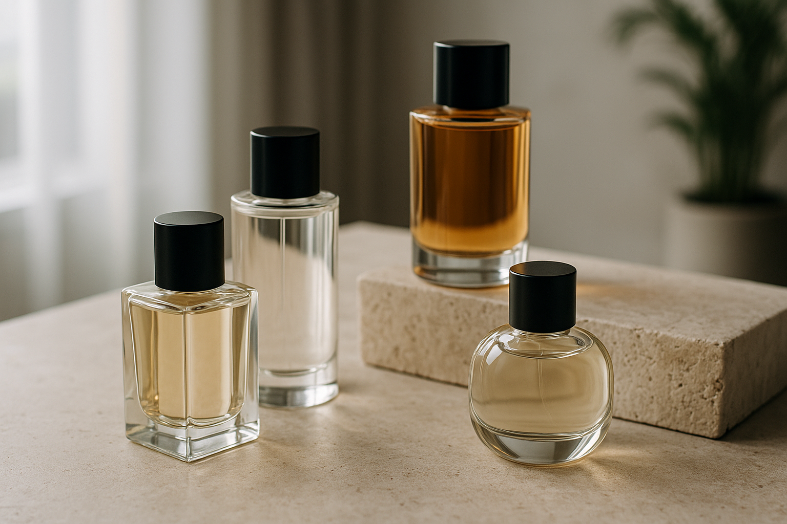 Flaconi di profumo minimalisti in un set elegante e contemporaneo su superficie chiara