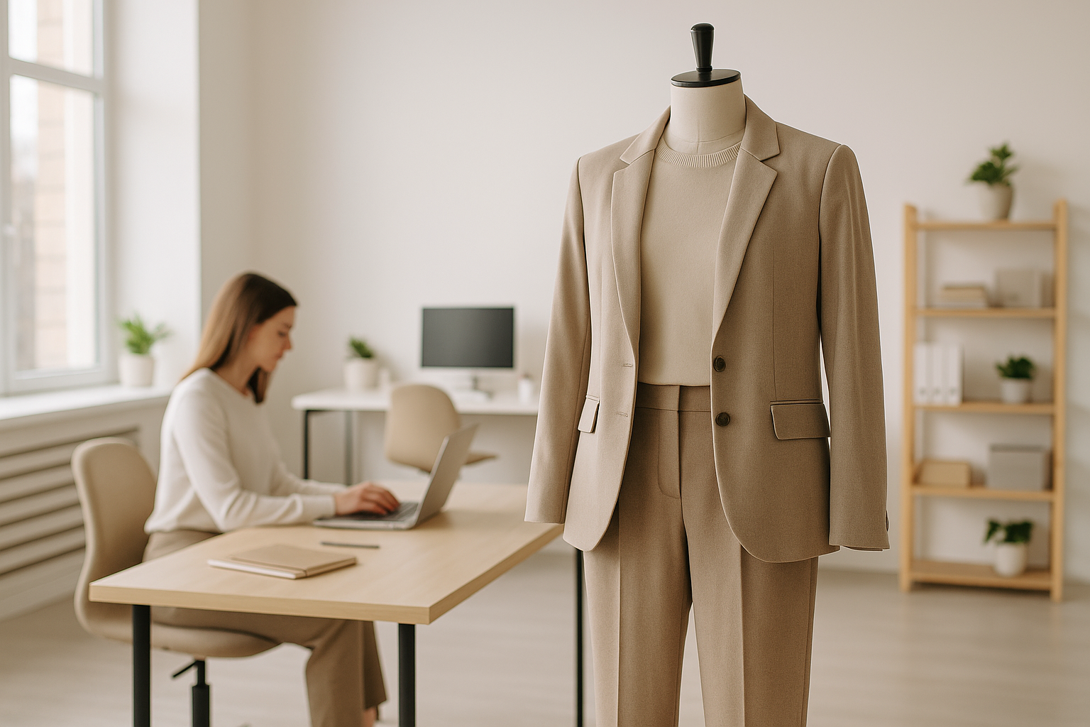 Outfit da ufficio moderno e comodo in stile business casual con tonalità neutre