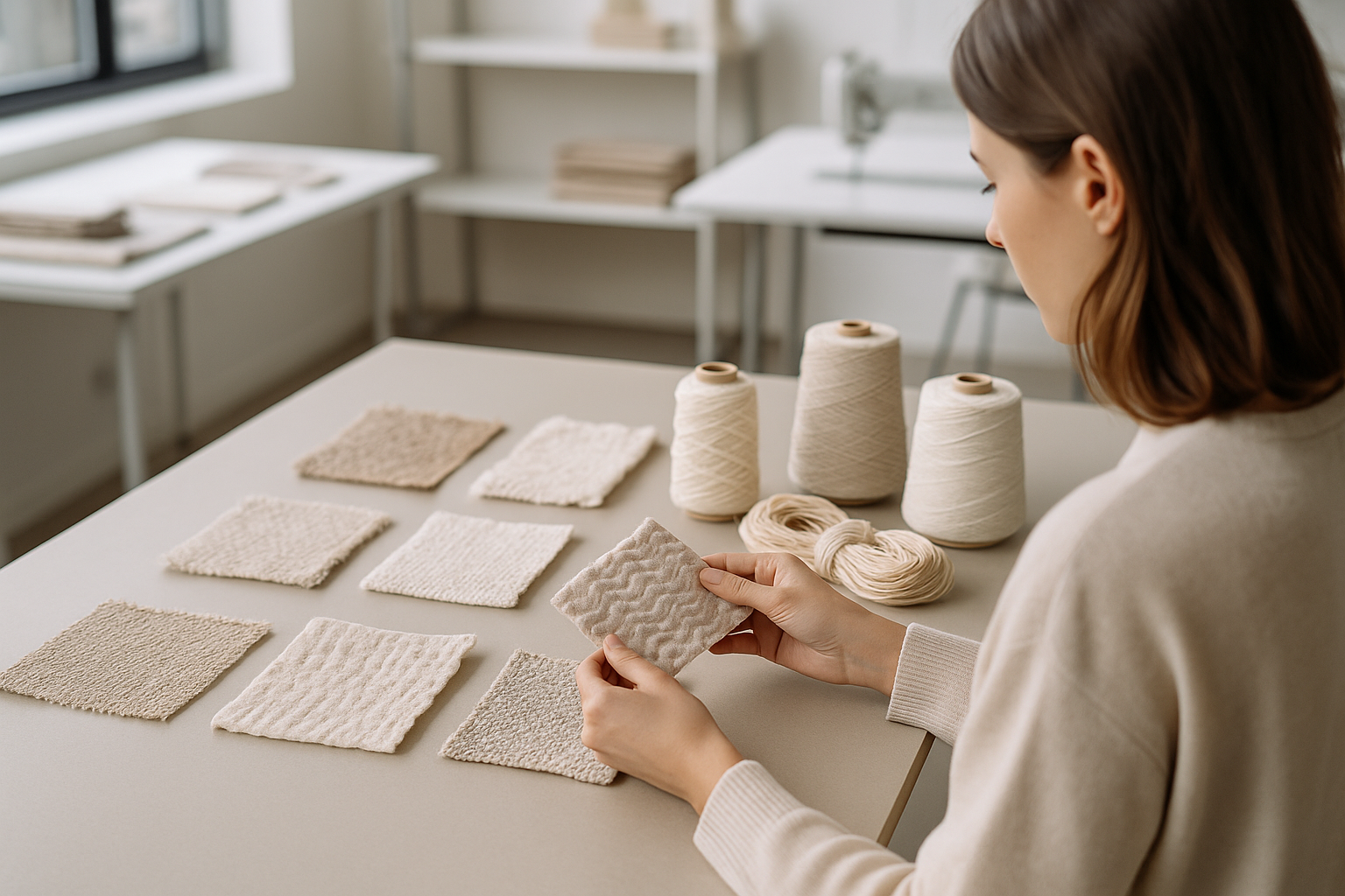 Campioni di tessuti innovativi e filati alternativi disposti su un tavolo di lavoro