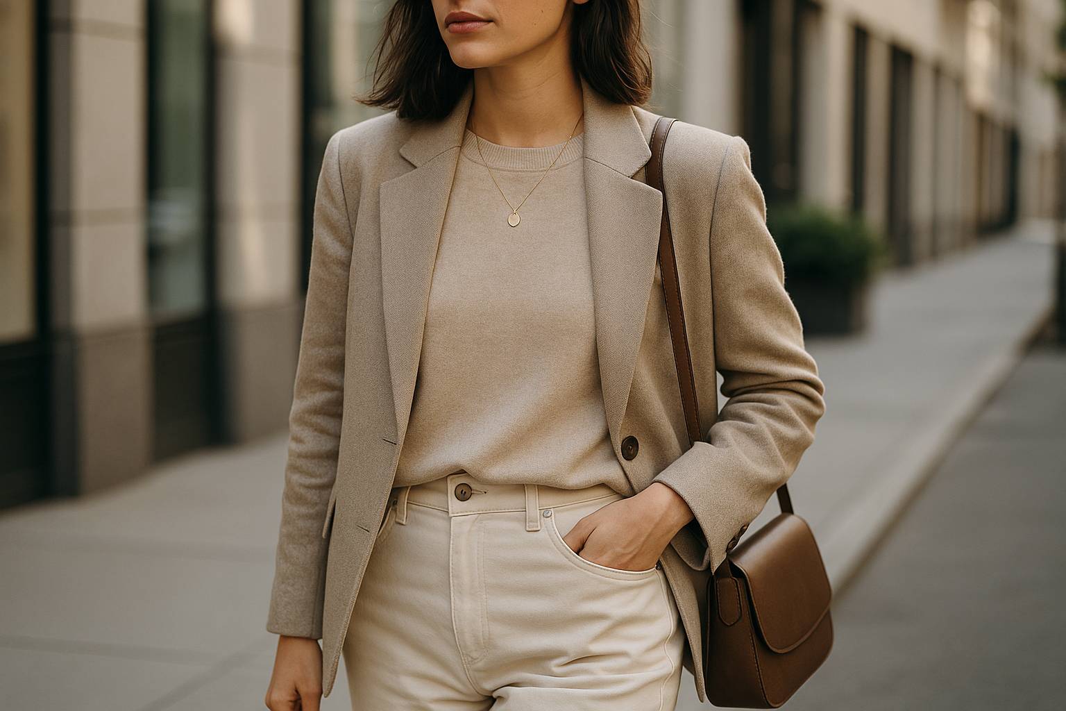 Outfit quotidiano elegante con capi neutri e dettagli curati in contesto urbano