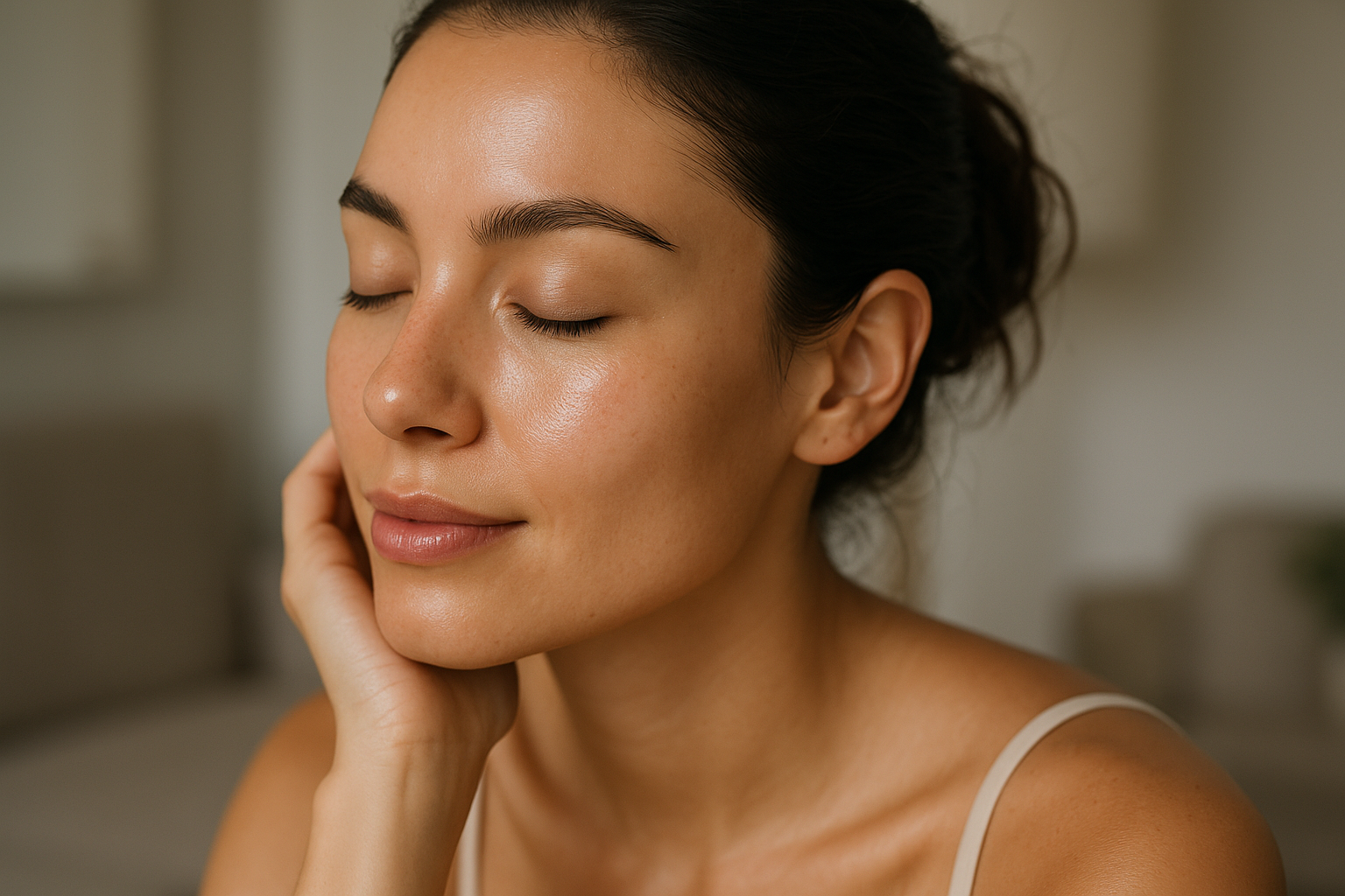 Persona con pelle naturale e luminosa in stile beauty minimal