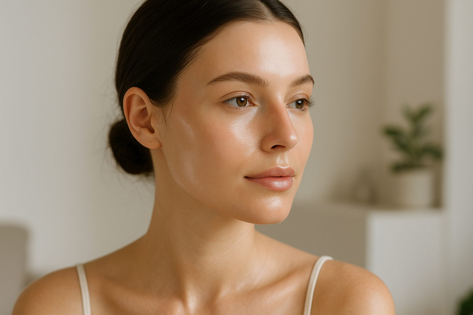 Viso con pelle luminosa e naturale, aspetto curato e minimal
