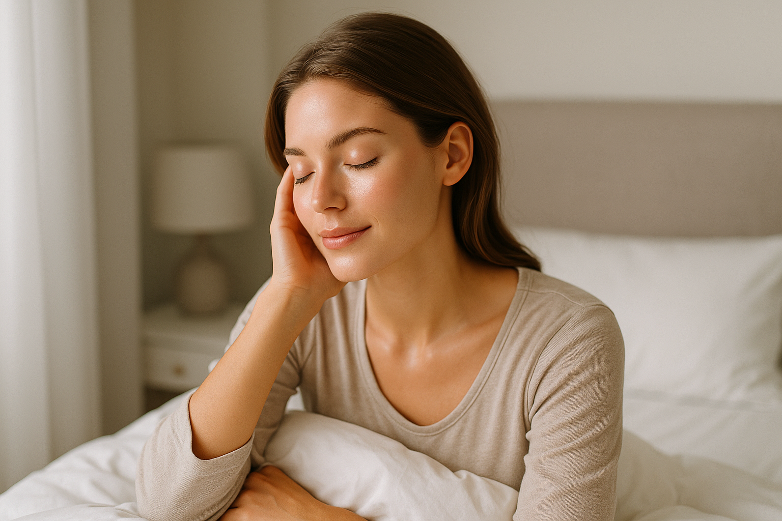 Persona al risveglio con pelle luminosa e capelli ordinati in un ambiente domestico tranquillo