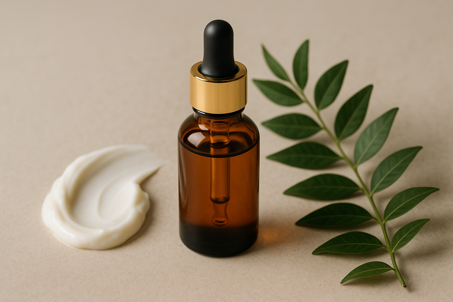 Flacone con contagocce e elementi botanici su sfondo neutro, concept di oli vegetali per skincare