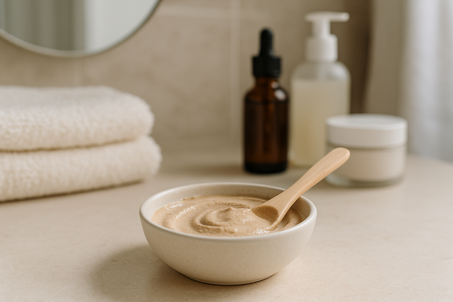 Ciotolina con miscela cremosa per maschera viso fai da te su superficie neutra